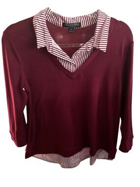 Absolutely Famous Burgundy Sweater Top with White and Red Striped Shirt Detail